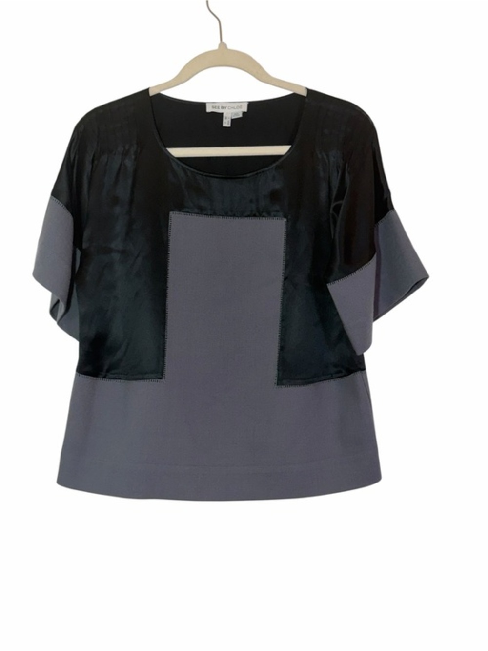 See By Chloe Black and Gray Short Sleeve Paneled Top